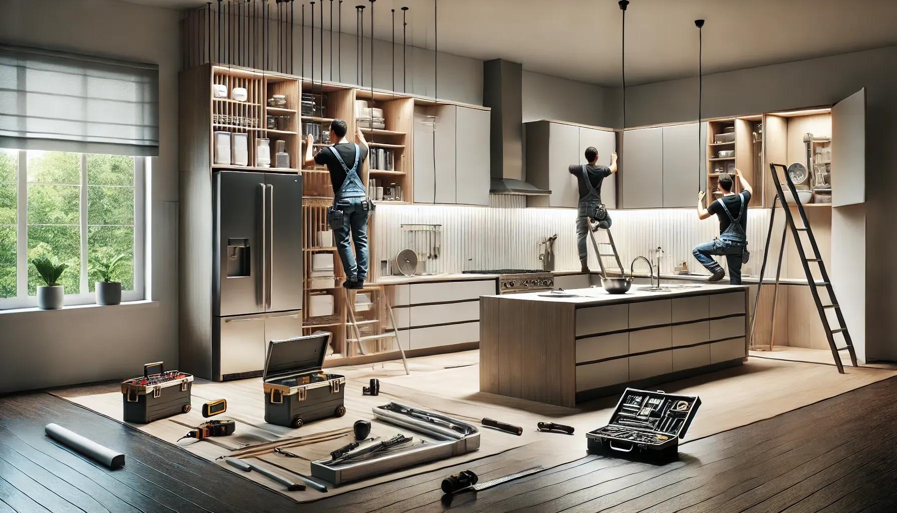 DALL·E 2024-08-06 12.18.50 - A photorealistic image of a modern kitchen being professionally installed. The scene shows various stages of kitchen installation with tools, cabinets.webp